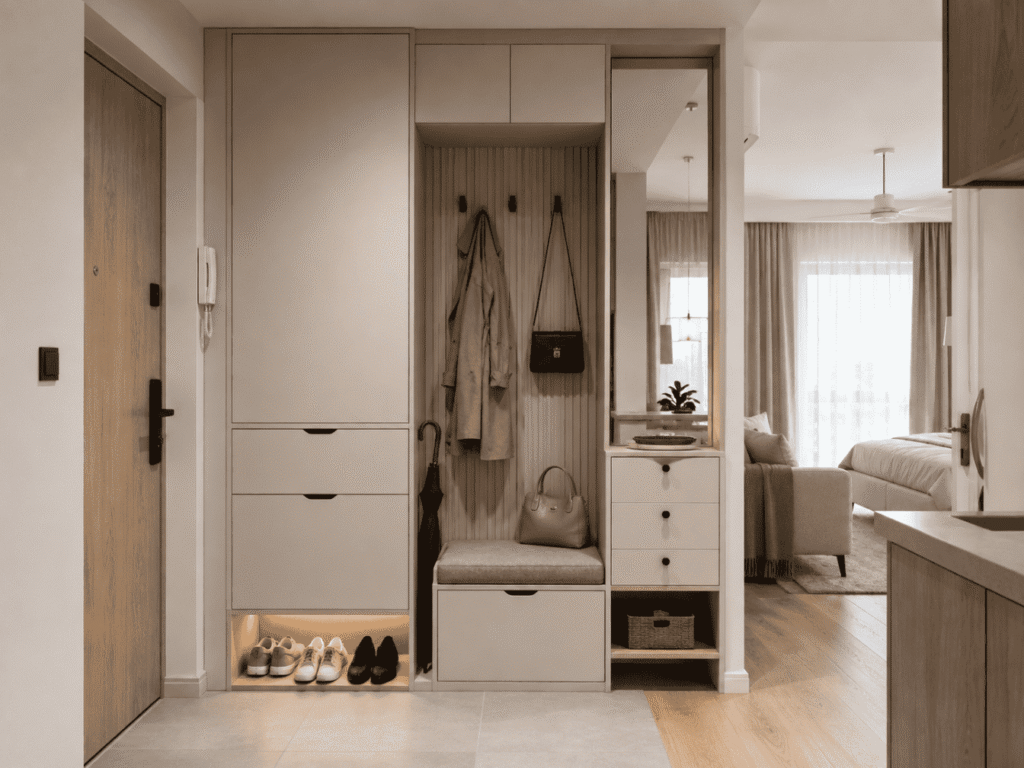 Studio apartment entryway shoe and coat storage