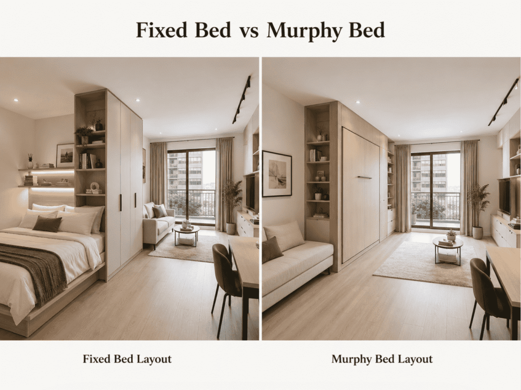 Fixed bed versus Murphy bed studio layout