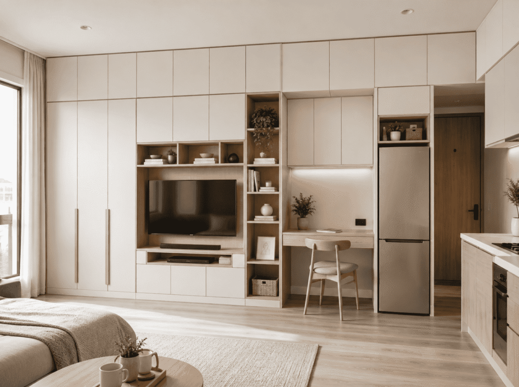 Floor-to-ceiling storage wall for small apartment