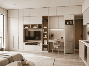 studio apartment floor to ceiling storage wall.jpg Floor-to-ceiling storage wall for small apartment