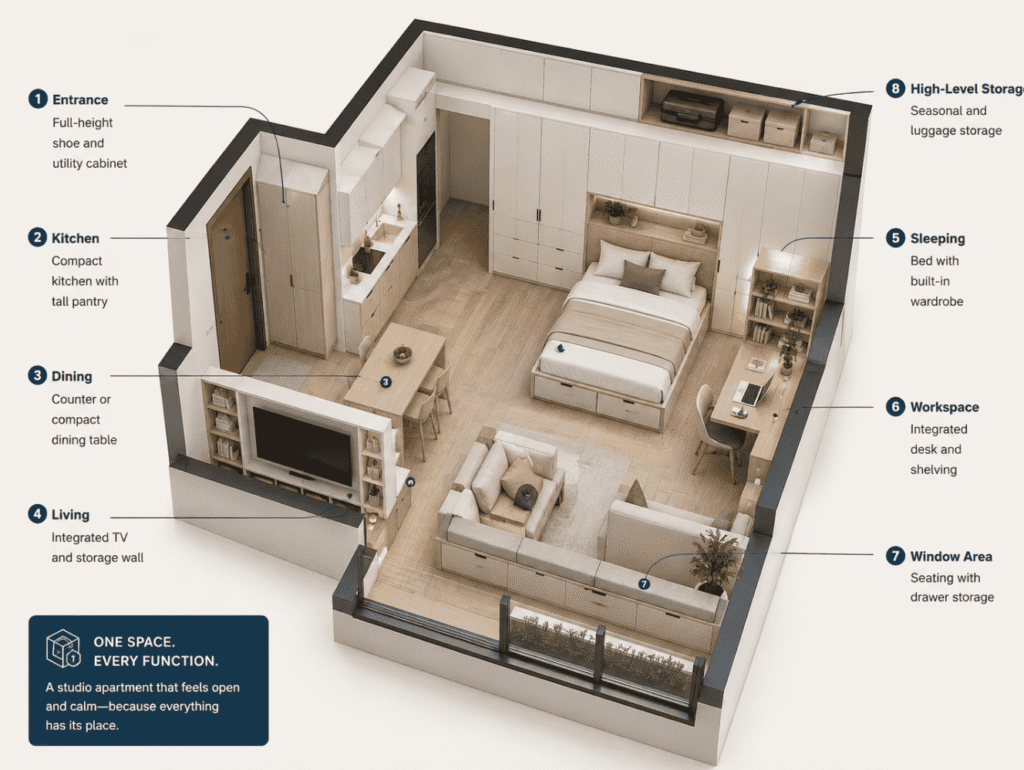 Studio apartment furniture plan with eight functional zones
