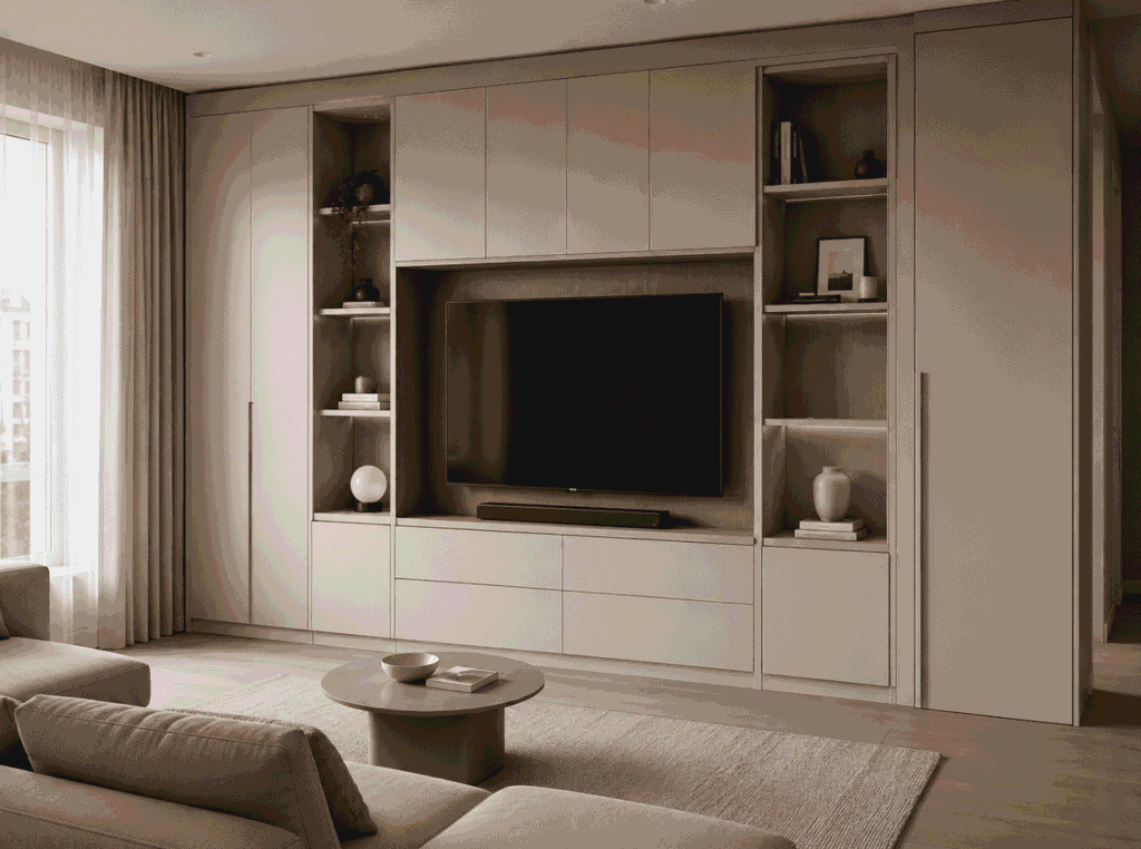 Integrated living room TV and storage wall