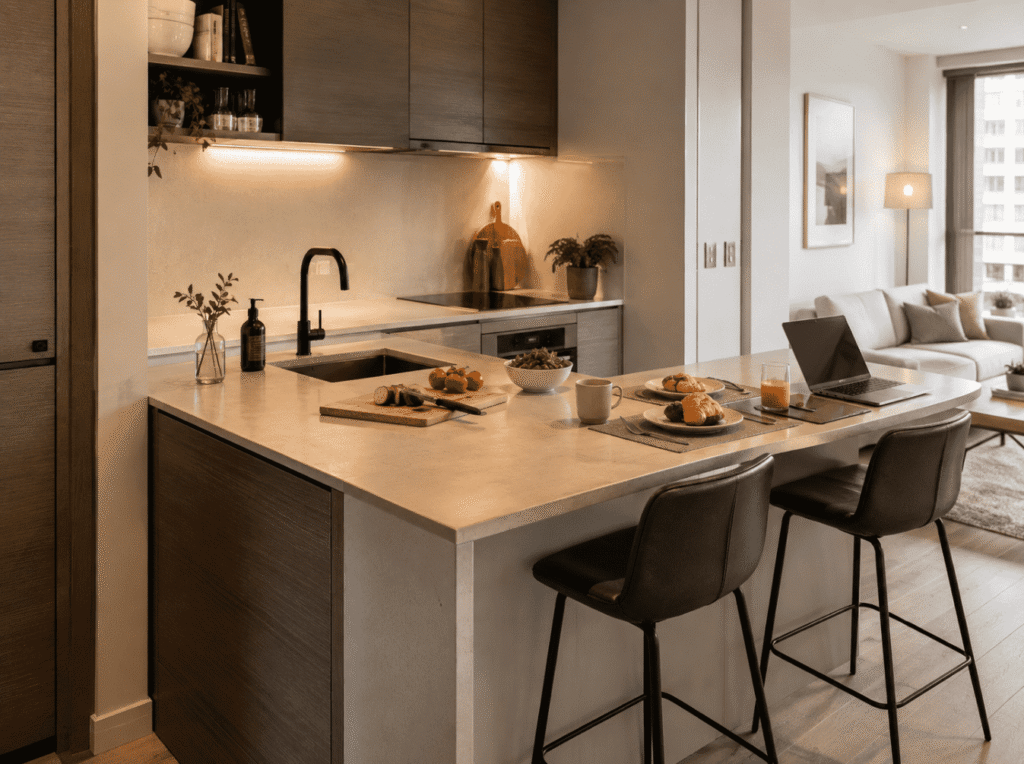 Kitchen peninsula for dining working and preparation