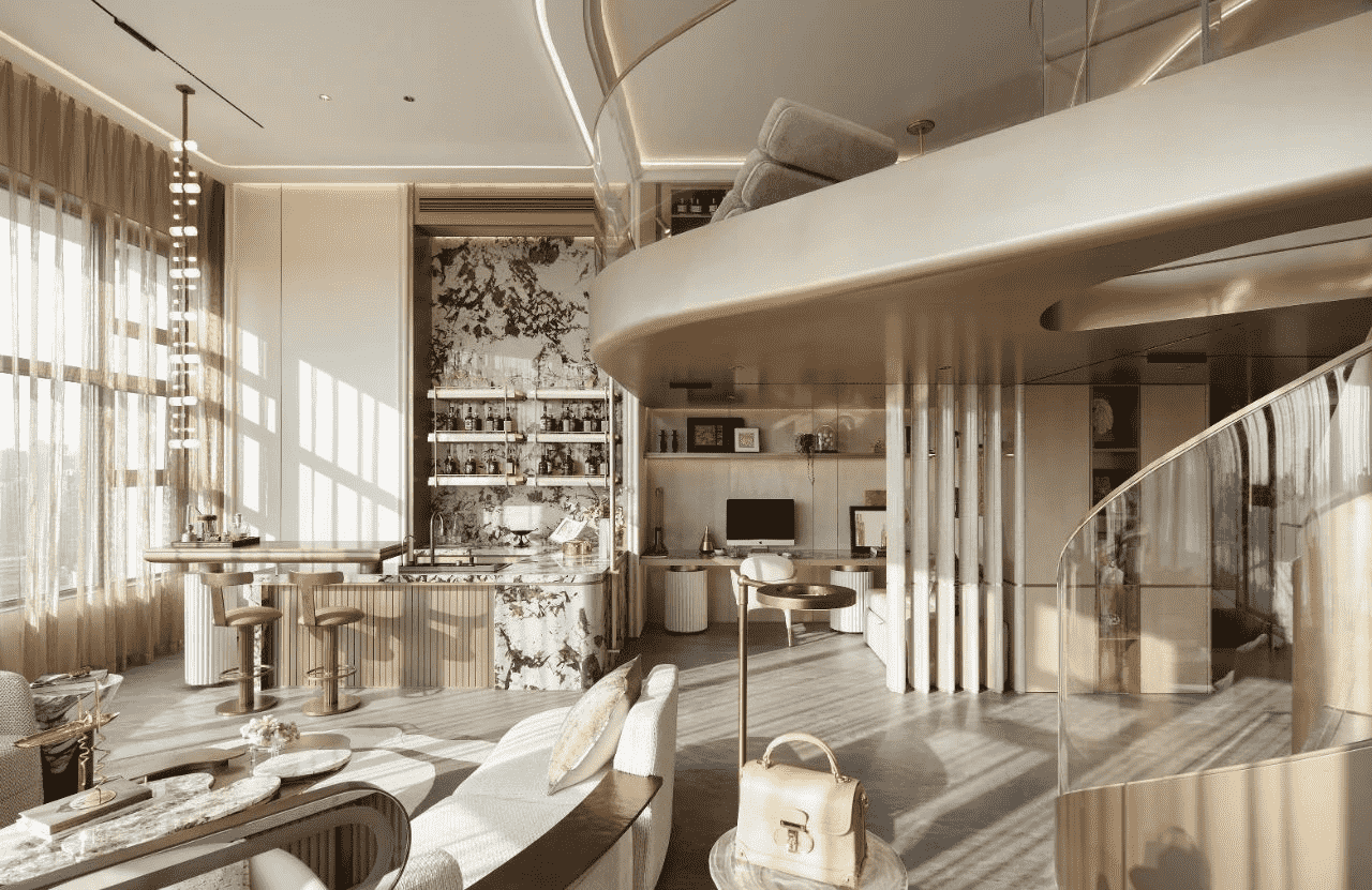 open plan studio apartment kitchen living area