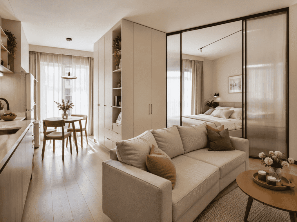 Studio apartment zoning with furniture and glass