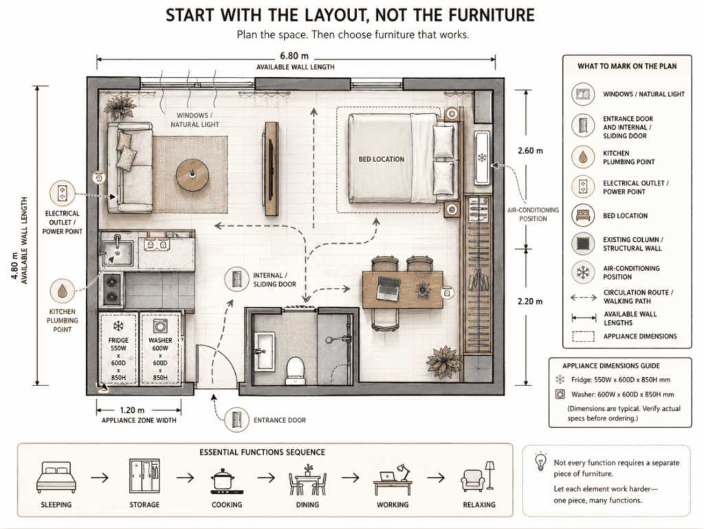 Studio apartment space planning layout diagram
