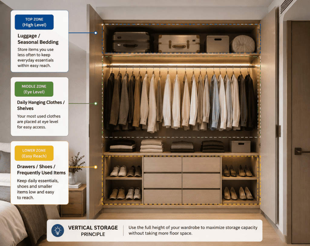Wardrobe storage zones for compact apartment living