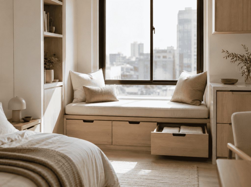 Built-in window seat with hidden drawer storage