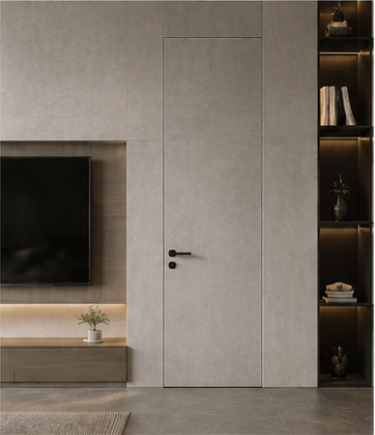 TV wall hidden door concealed within custom media wall panels