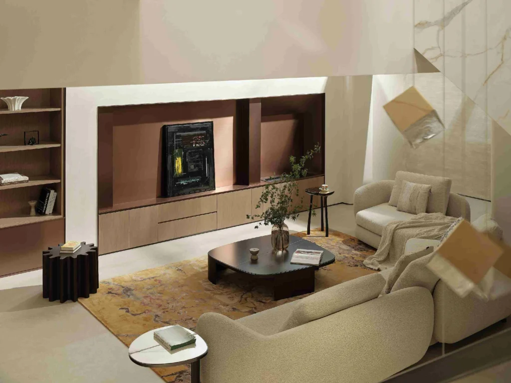 Double-height villa with integrated TV wall cabinetry
