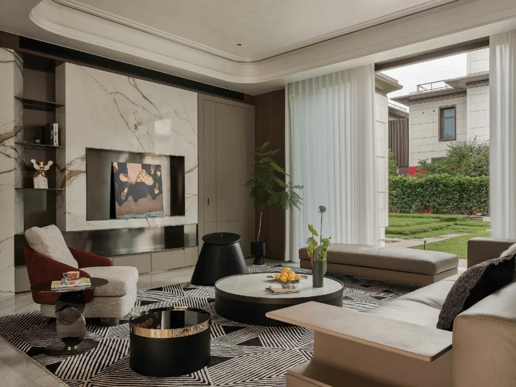 Modern villa living room with custom TV cabinetry