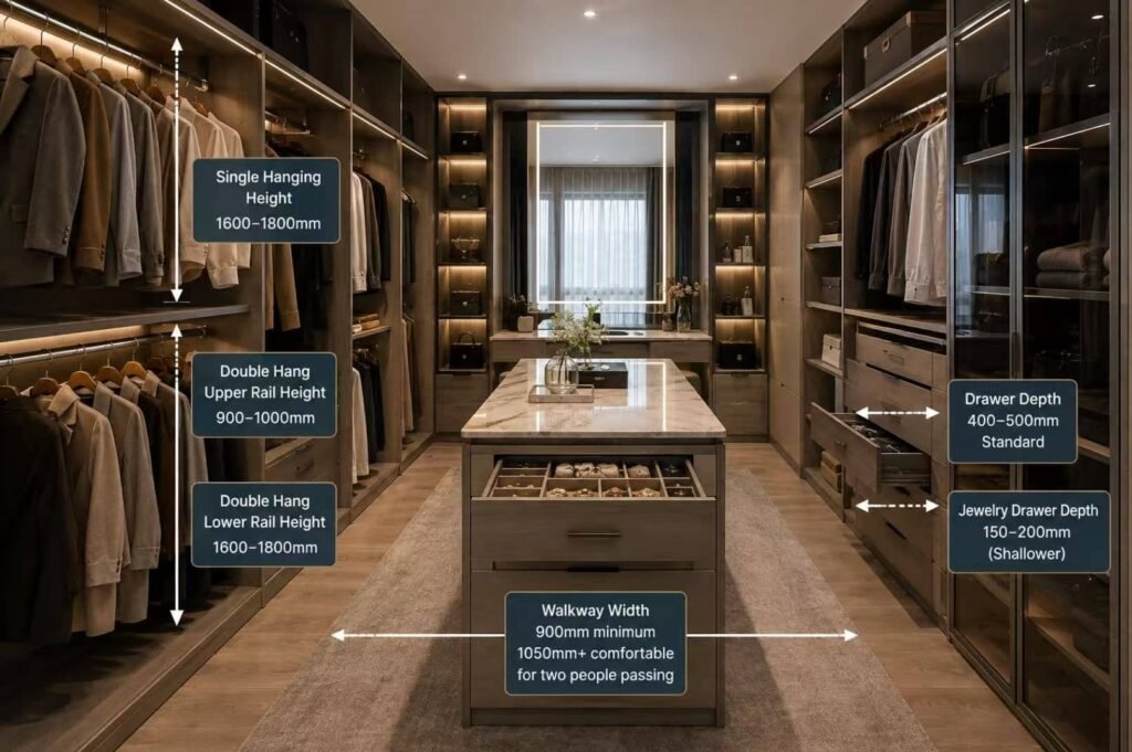 Walk-in closet ergonomic dimensions layout reference