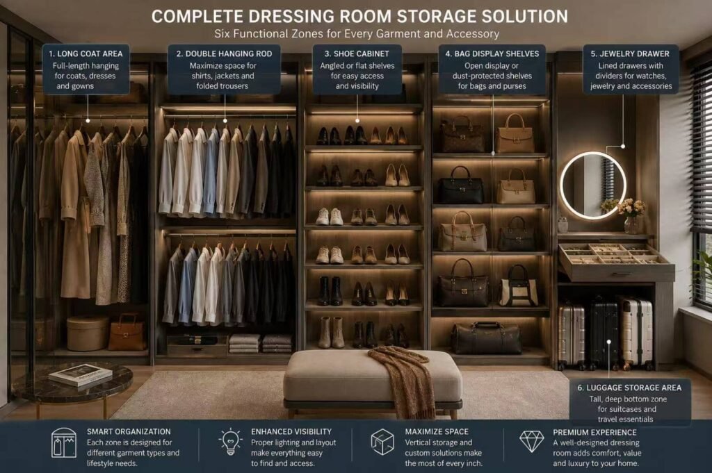 Walk-in dressing room functional storage zone layout