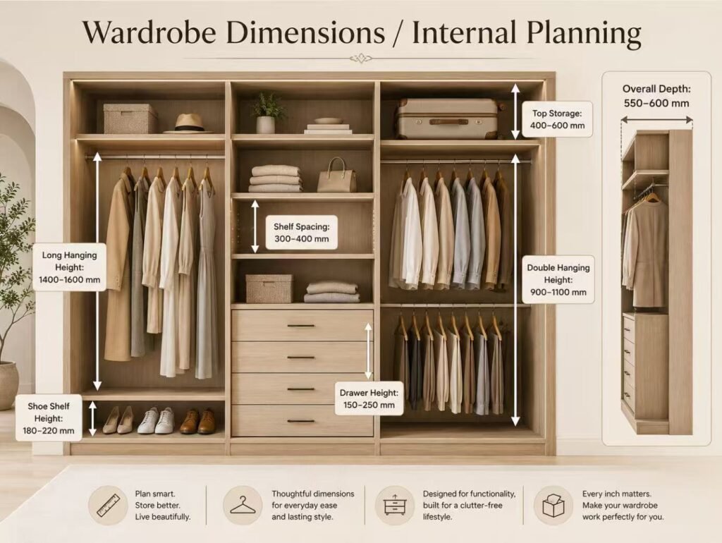 Wardrobe function guide with dimensions and internal planning for hanging clothes, shelves, drawers, and upper storage