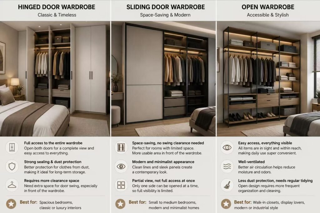 Hinged sliding and open wardrobe comparison