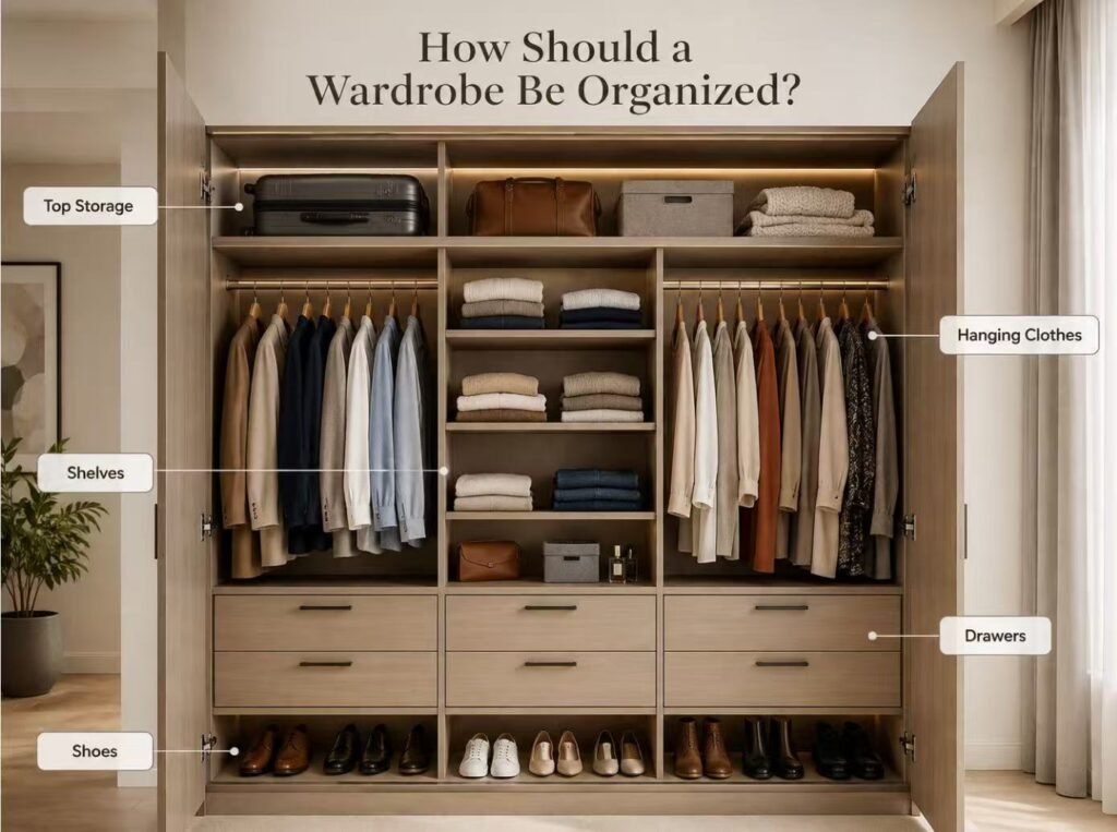 Organized wardrobe with hanging shelves drawers and shoes