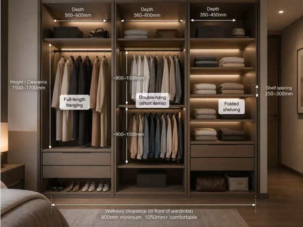 Standard wardrobe dimensions for daily storage