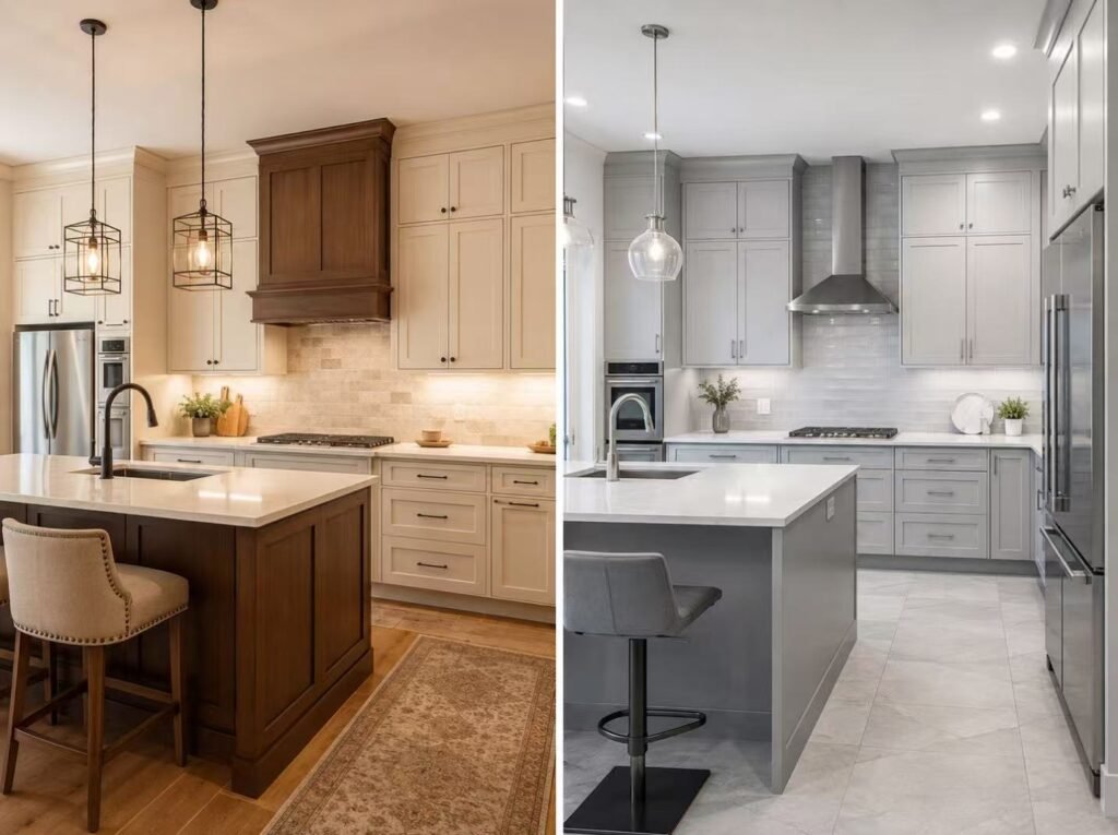 Warm neutral kitchen cabinets versus cool grey cabinets comparison
