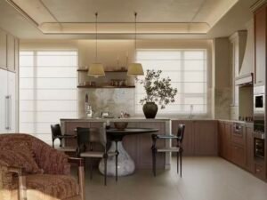 Warm wood texture modern kitchen with minimalist lines