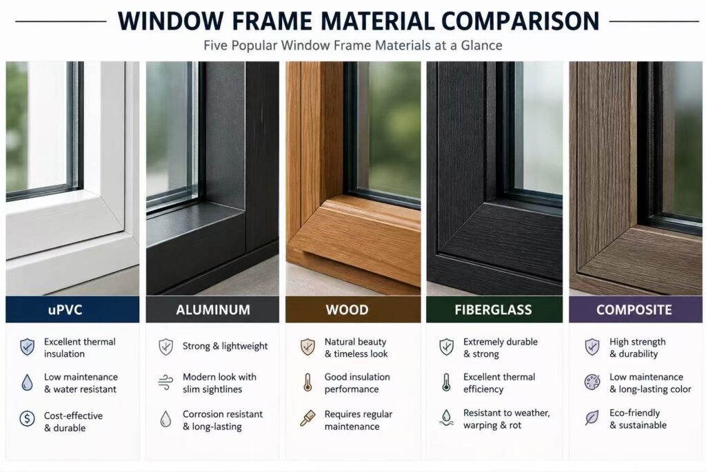 Window frame material comparison close-up overview
