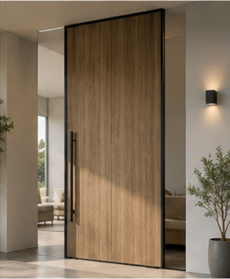 Wood grain laminate pivot entry door