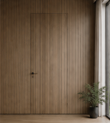 Wood slat hidden door integrated into decorative feature wall