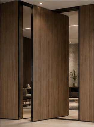 Modern wooden pivot entrance door design