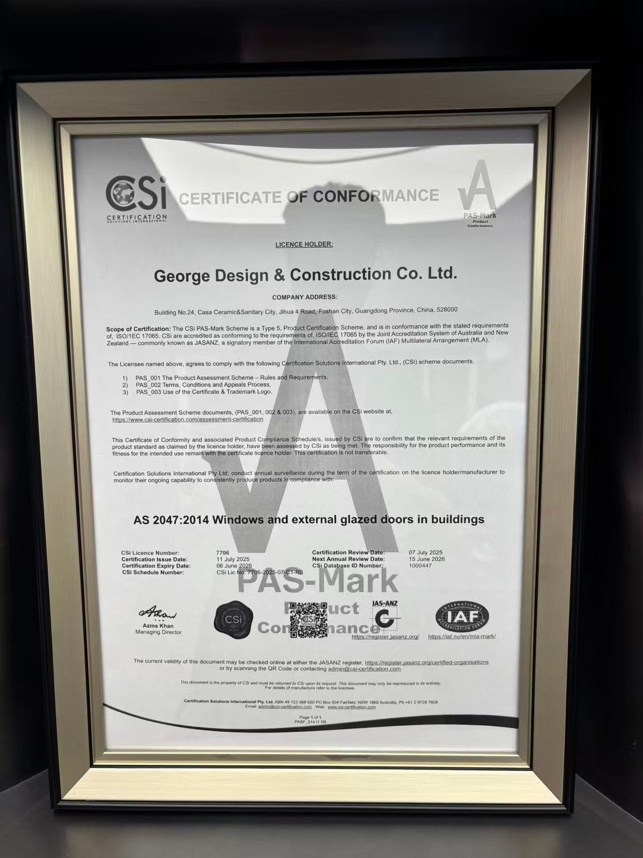 AS 2047 window compliance PAS-Mark certificate