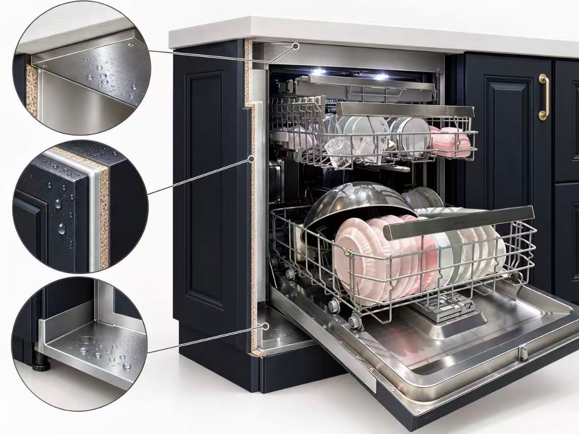 Dishwasher cabinet moisture protection and waterproof details