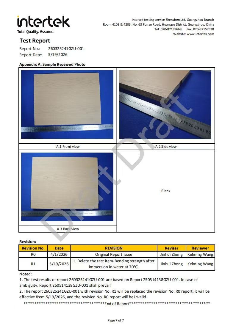 Furniture board sample for Intertek laboratory testing
