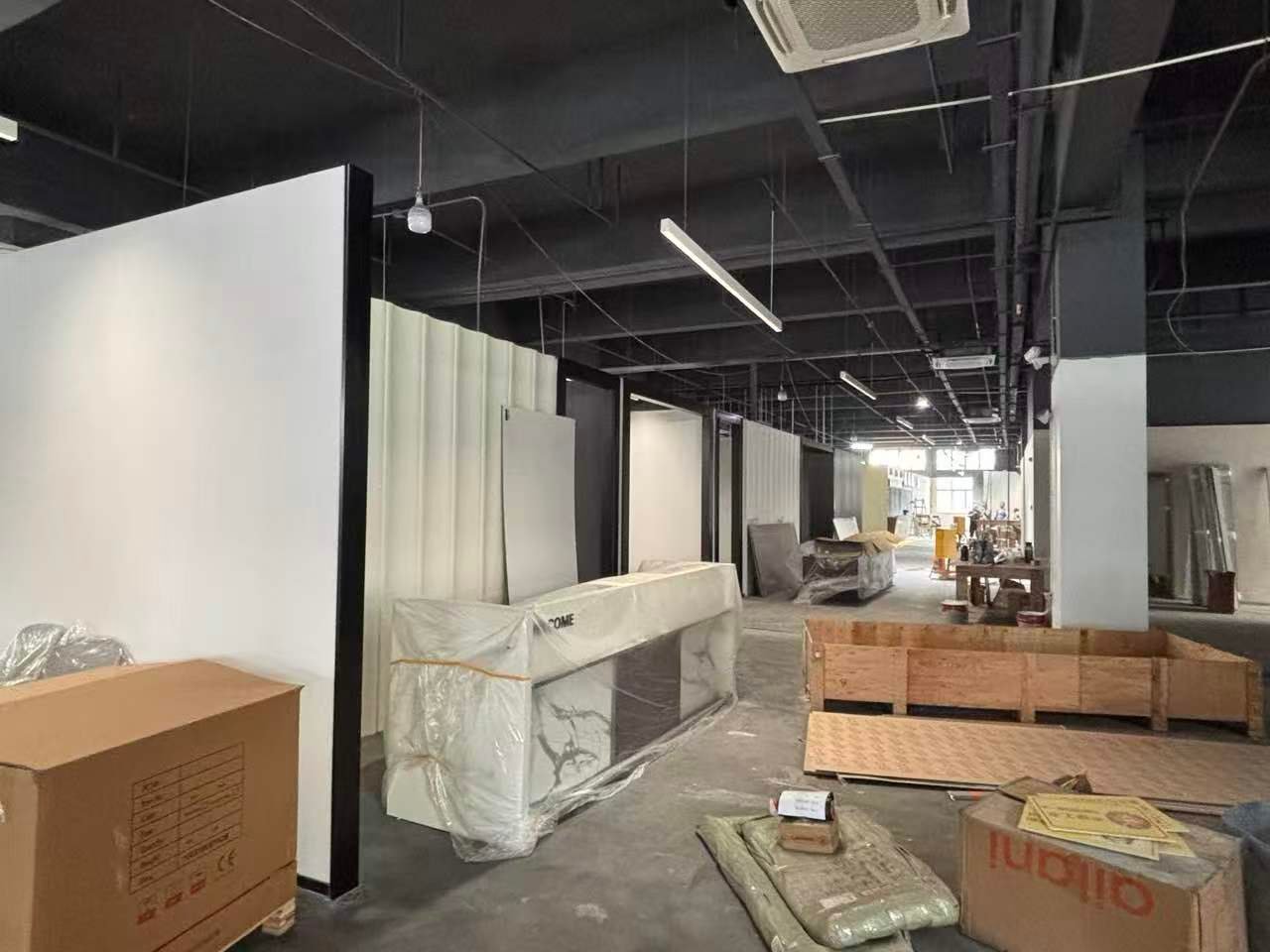 Furniture packages organized at project site before installation