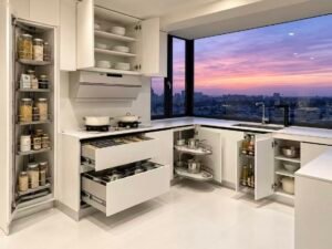 Kitchen cabinet storage solutions with drawers and pull-outs