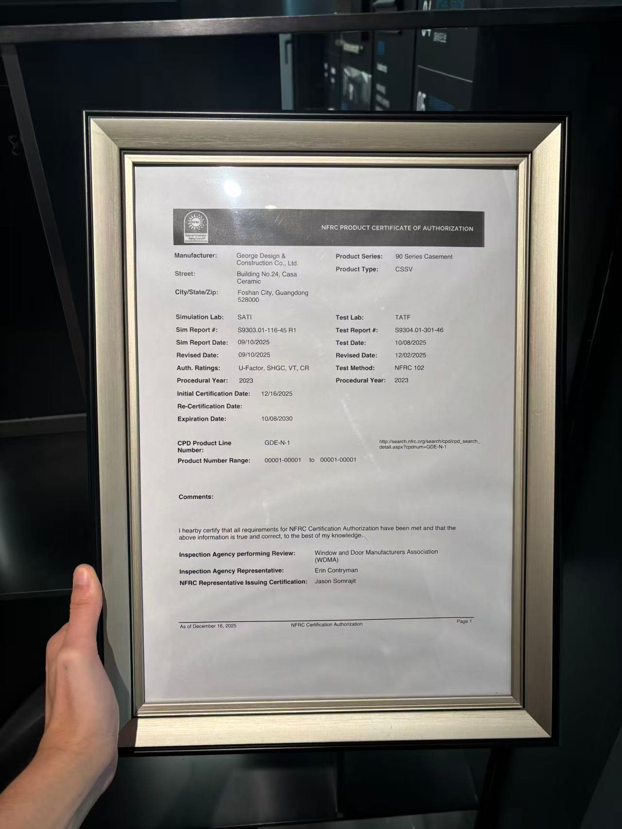 NFRC certification for aluminum casement window system