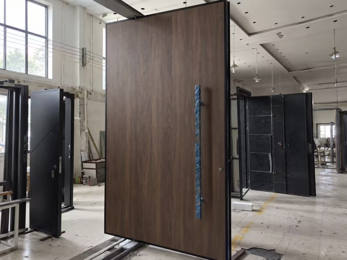 Large pivot door with floor bearing support and pivot hardware