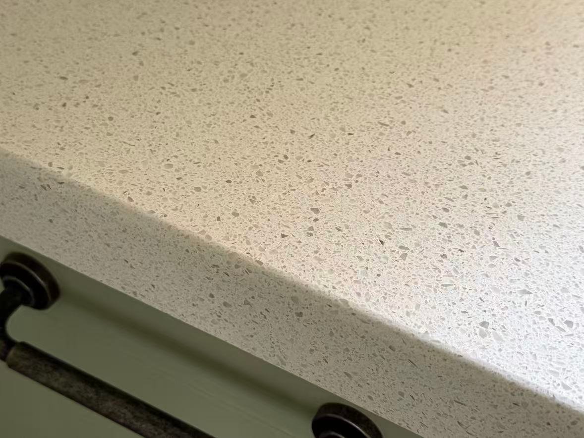 Quartz kitchen countertop material and surface