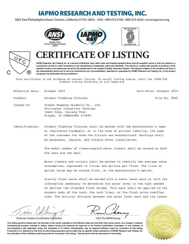 IAPMO ceramic plumbing fixture listing certificate document