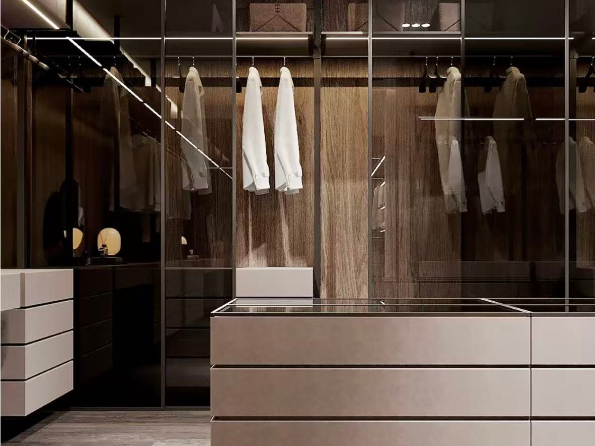Smoked glass wardrobe door for walk-in closet